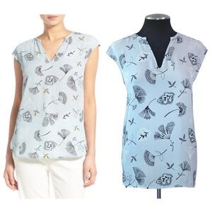 Chelsea28 - Leaf Print Pleat Back Cap Sleeve Pullover Top – Small